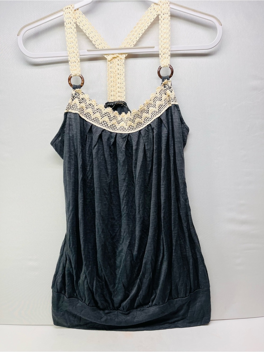 Love Culture Charcoal Gray Tank with Cream Crochet Trim